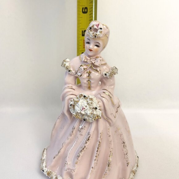Lefton Vintage Victorian Lady Figurine Pink & Gold Spaghetti Trim K8572P 1950s - Picture 9 of 10